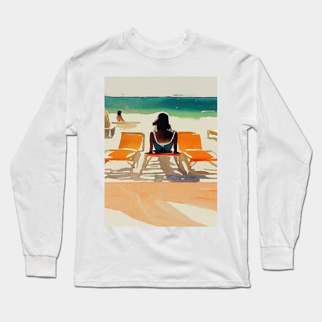 Sunbathing woman at the beach Long Sleeve T-Shirt by fistikci